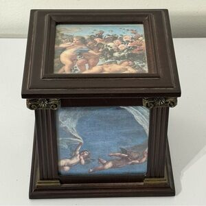 Vintage Bombay Wood Picture Keepsake Jewelry Desk Organizer Cube Chest